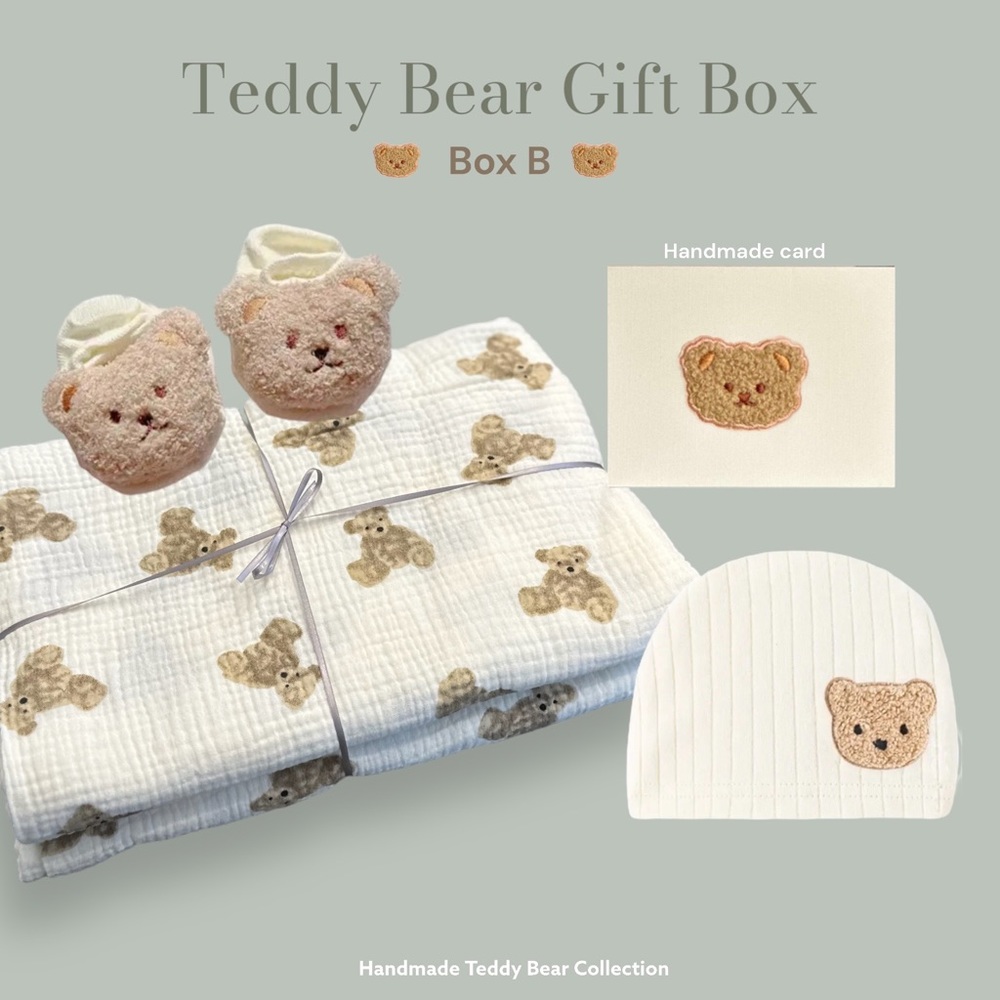 Teddy bear baby gift box, teddy bear swaddle, teddy bear hat and handmade card